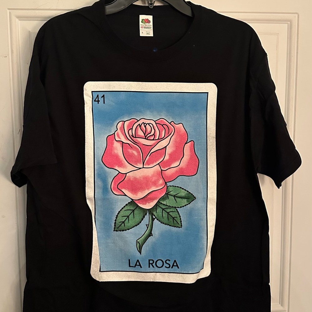 Vintage La Rosa Loteria Black and Pink Blouse with Vibrant Design